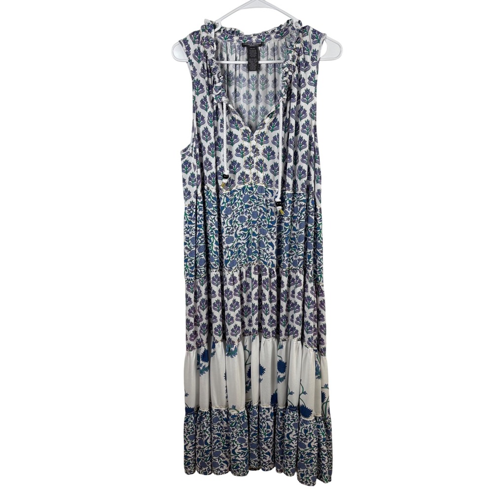 Chelsea & Theodore Maxi Dress 1X White Blue Floral Tiered Boho Peasant Cottage‎